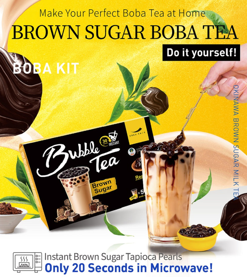 BOBA CHiC Instant Bubble tea kit - Real BOBA Ready in 30 seconds Brown Sugar Flavor  - Premium Tea - 5 sets to make 5 cups of 16oz large servings